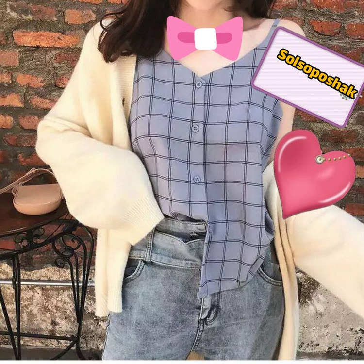 تاپ چهارخونه کرپ وارداتی کره ای فانتزی زنانه و دخترانه
